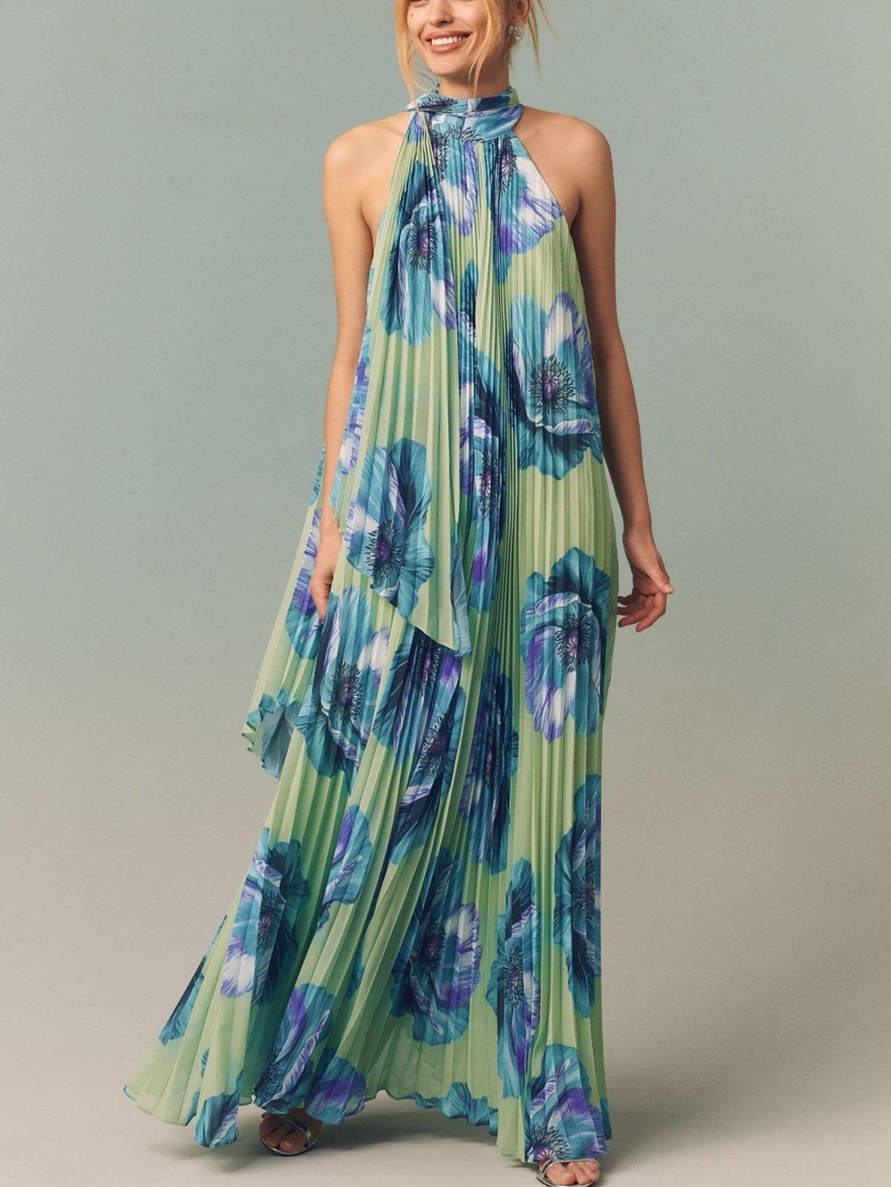Anthropologie Green Maxi Dress with Blue Floral Print